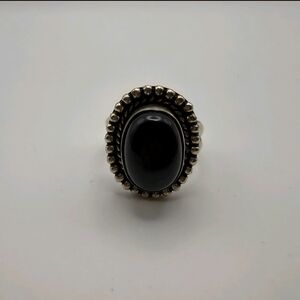 Vtg Sterling Silver Black Onyx Statement Ring - Beaded Artisan Bezel - Size 9